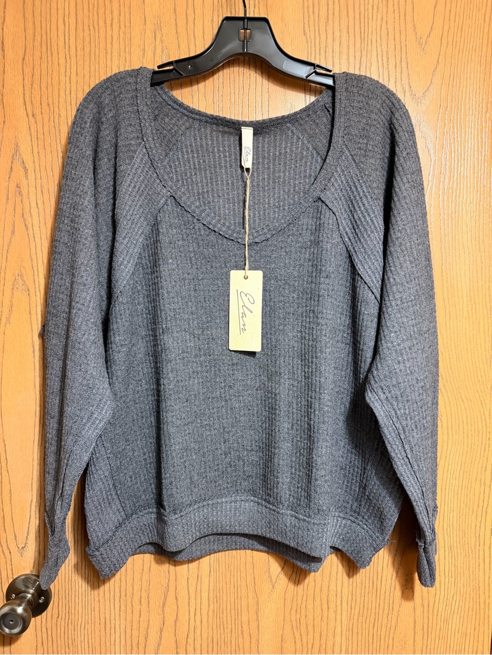 Elan Sweater in Charcoal Gray with Waffle Texture and a Scoop Neck
